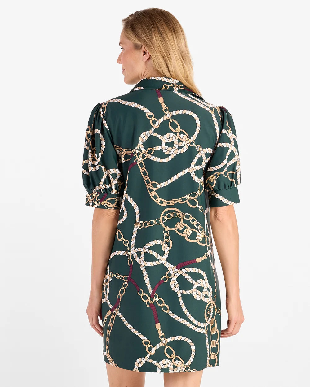 Emerson Dress Pine Gold by Jude Connally, style 101353, green dress with gold chains and cream ropes, back view