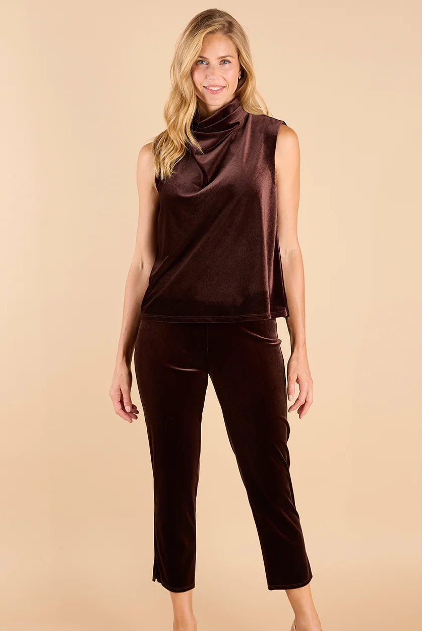 Lucia Velvet Pant Espresso by Jude Connally, style 208084, dark brown velvet pants shown with matching top, full view