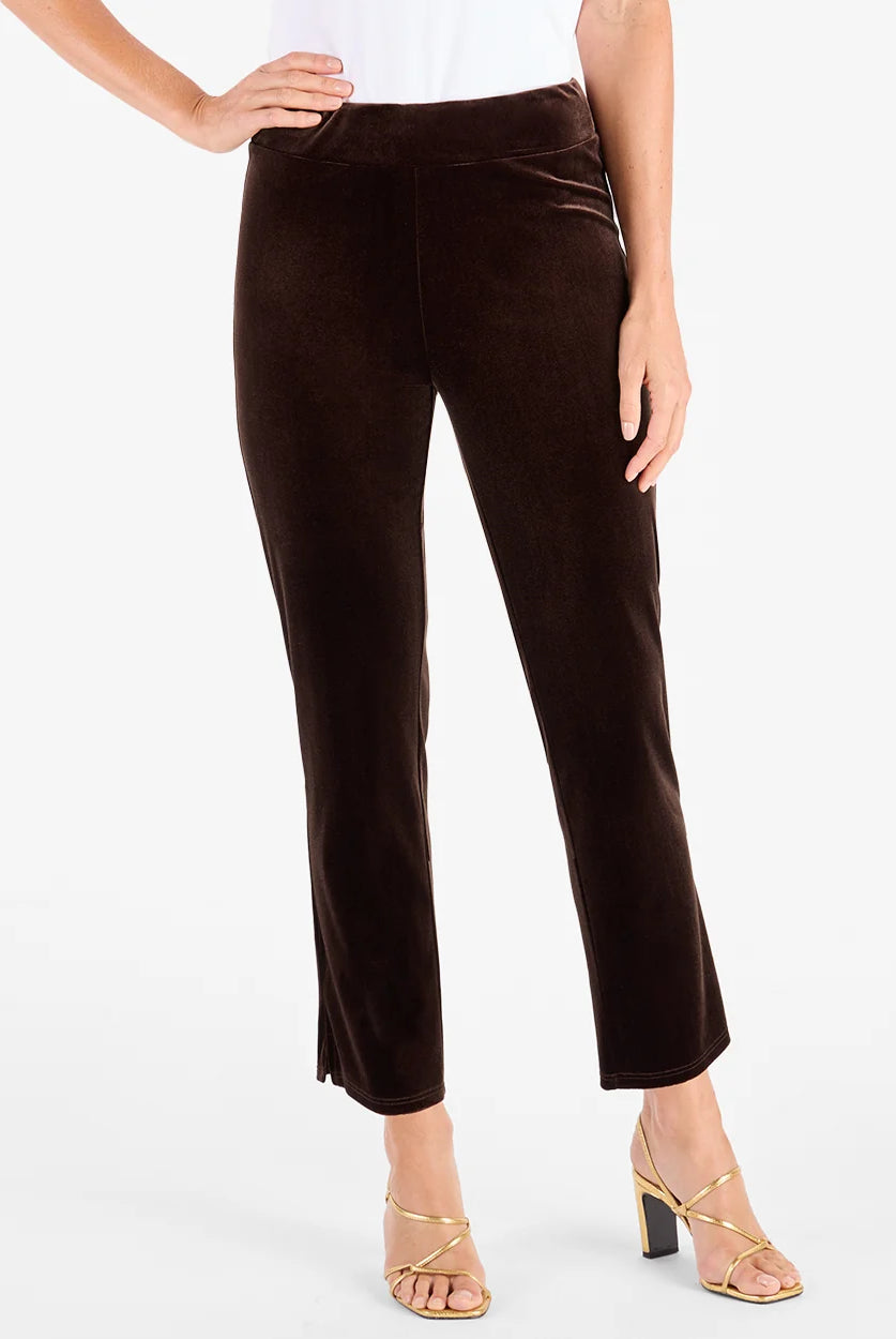 Lucia Velvet Pant Espresso by Jude Connally, style 208084, dark brown velvet pull-on pants with wide waistband, front view