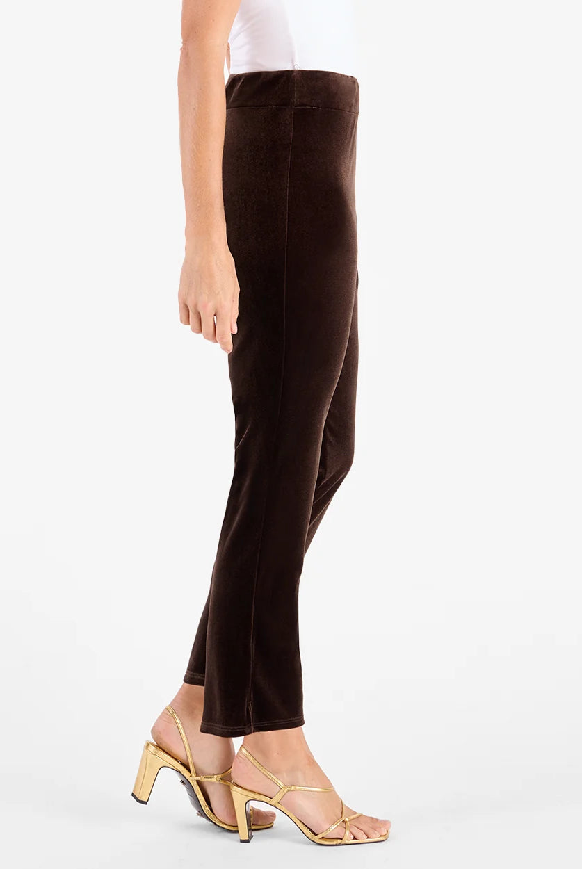 Lucia Velvet Pant Espresso by Jude Connally, style 208084, dark brown velvet pants with side vents at hems, side view