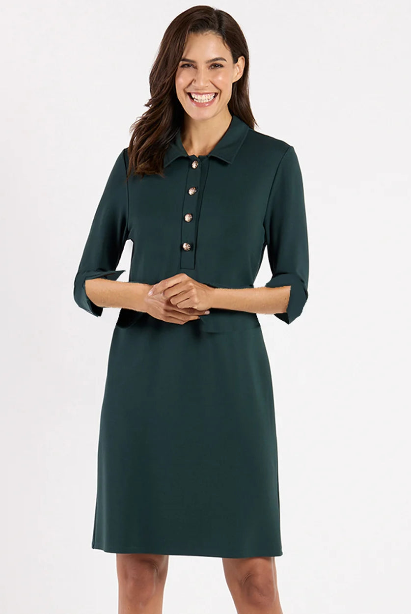 Midge Dress Pine Gold by Jude Connally, style 104916, pine-green collared sheath dress with gold buttons, close up full view