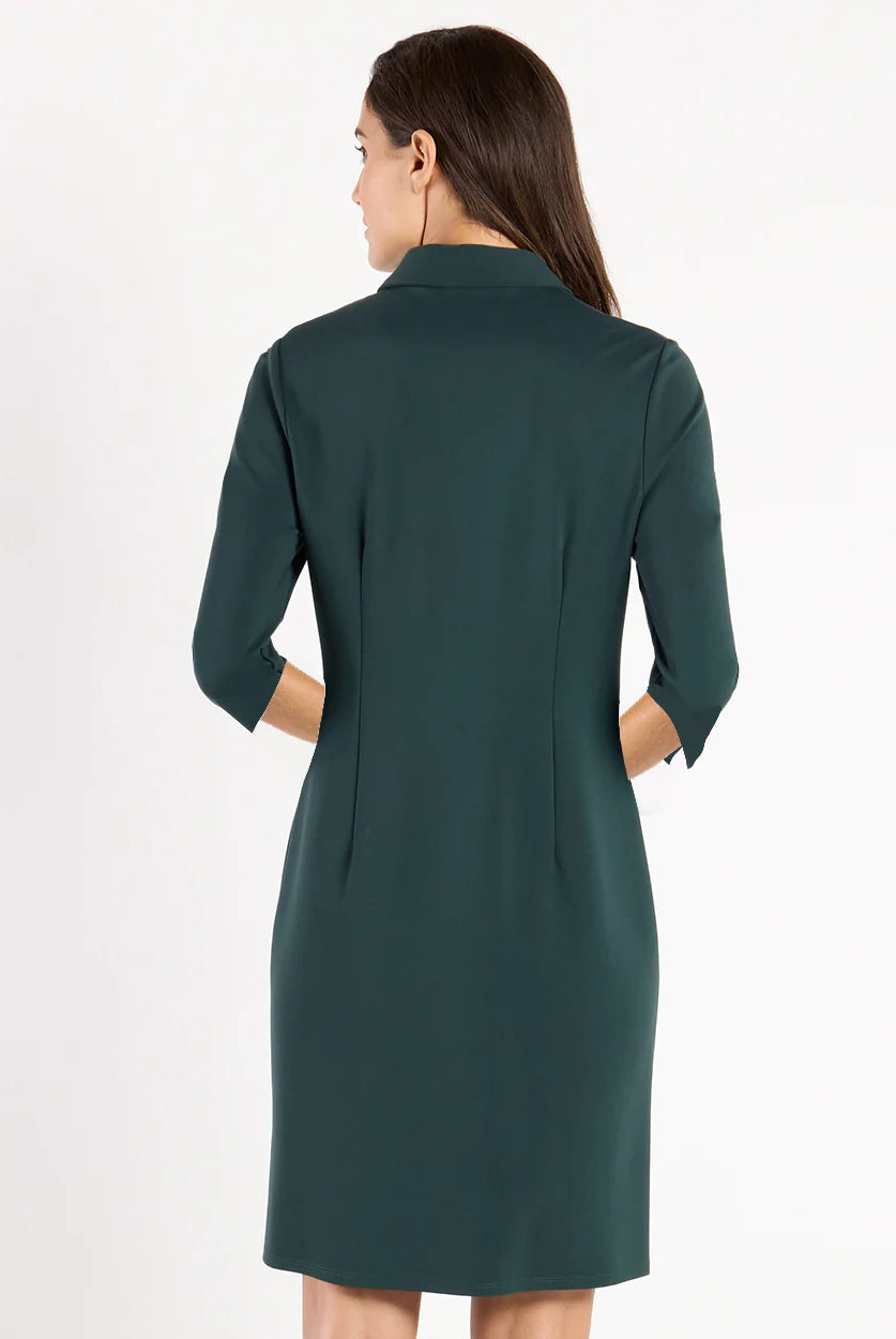 Midge Dress Pine Gold by Jude Connally, style 104916, pine-green sheath dress with three-quarter sleeves, back view