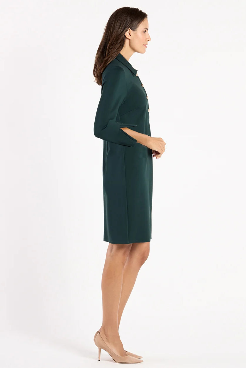 Midge Dress Pine Gold by Jude Connally, style 104916, pine-green sheath dress with split sleeve cuffs, side view