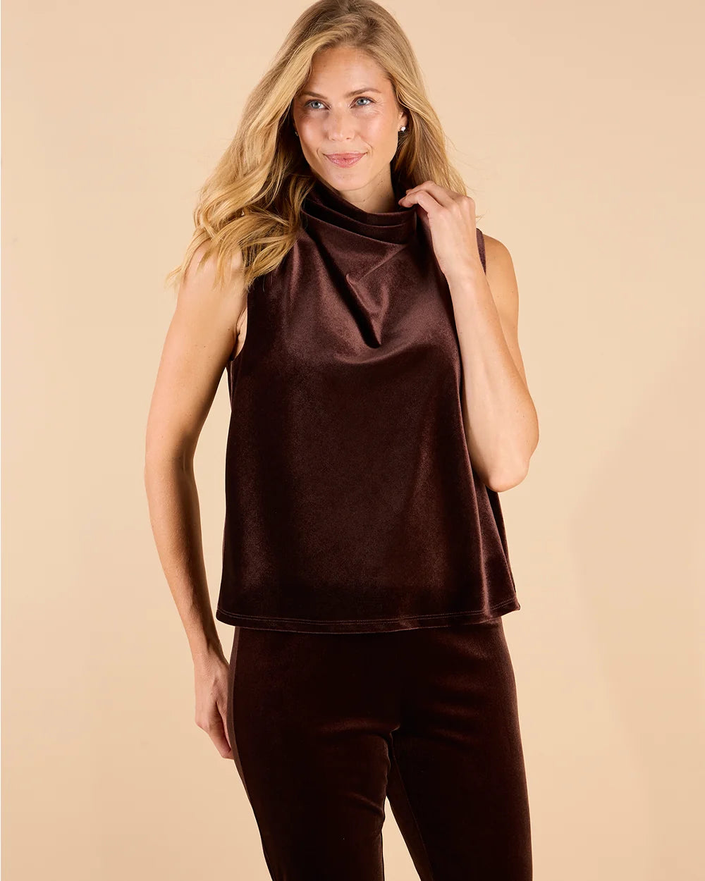 Octavia Velvet Top Espresso by Jude Connally, style 3081017, brown sleeveless velvet top with cowl neck, front view