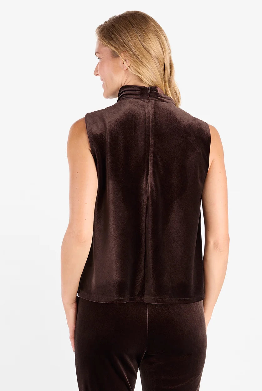 Octavia Velvet Top Espresso by Jude Connally, style 3081017, brown sleeveless velvet top with center back seam, back view