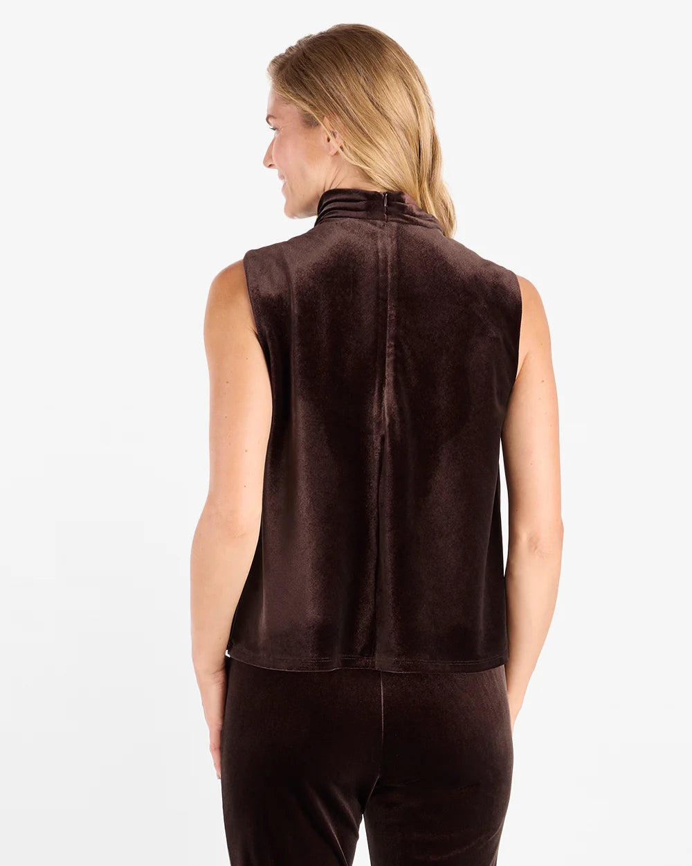 Octavia Velvet Top Espresso by Jude Connally, style 3081017, brown sleeveless velvet top with center back seam, back view