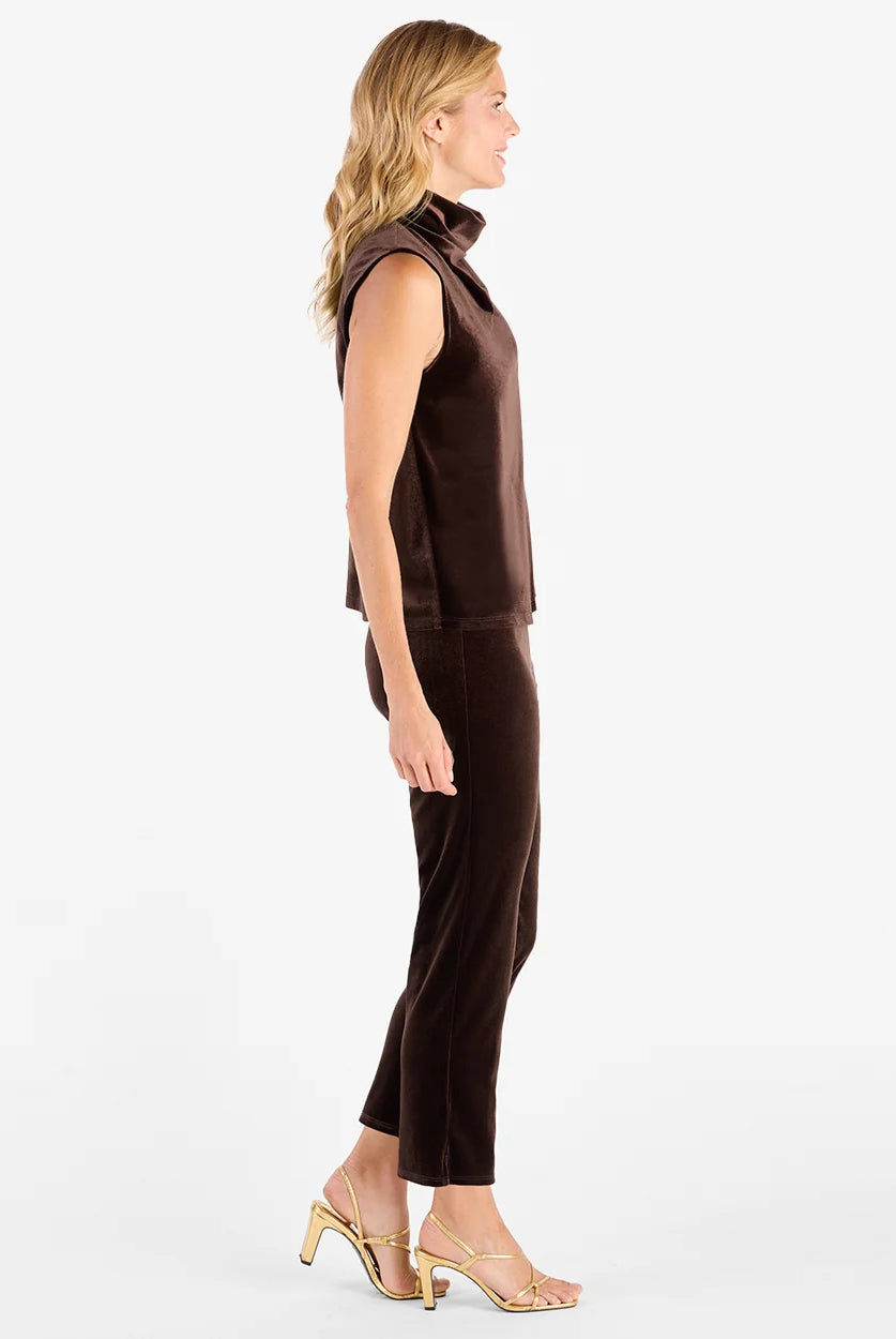 Octavia Velvet Top Espresso by Jude Connally, style 3081017, brown sleeveless velvet top with draped neck, side view