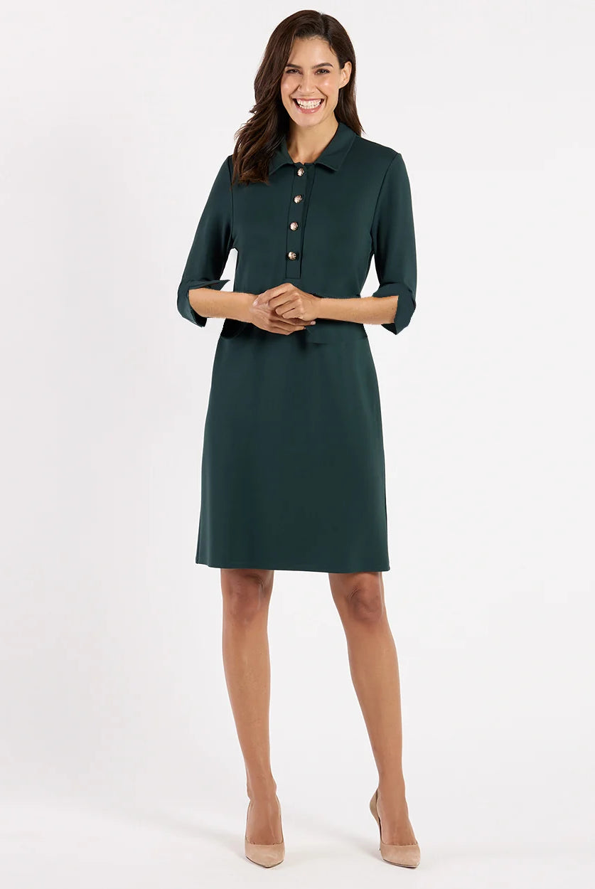Midge Dress Pine Gold by Jude Connally, style 104916, pine-green dress with point collar and gold buttons, full view close-up