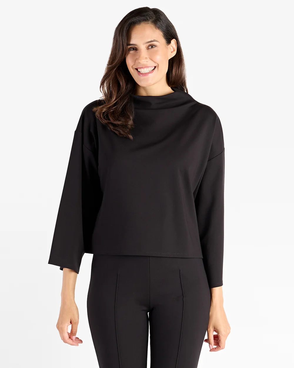 Marisa Ponte Top by Jude Connally in black ponte — pullover with draped funnel neckline and wide dolman sleeves, front view