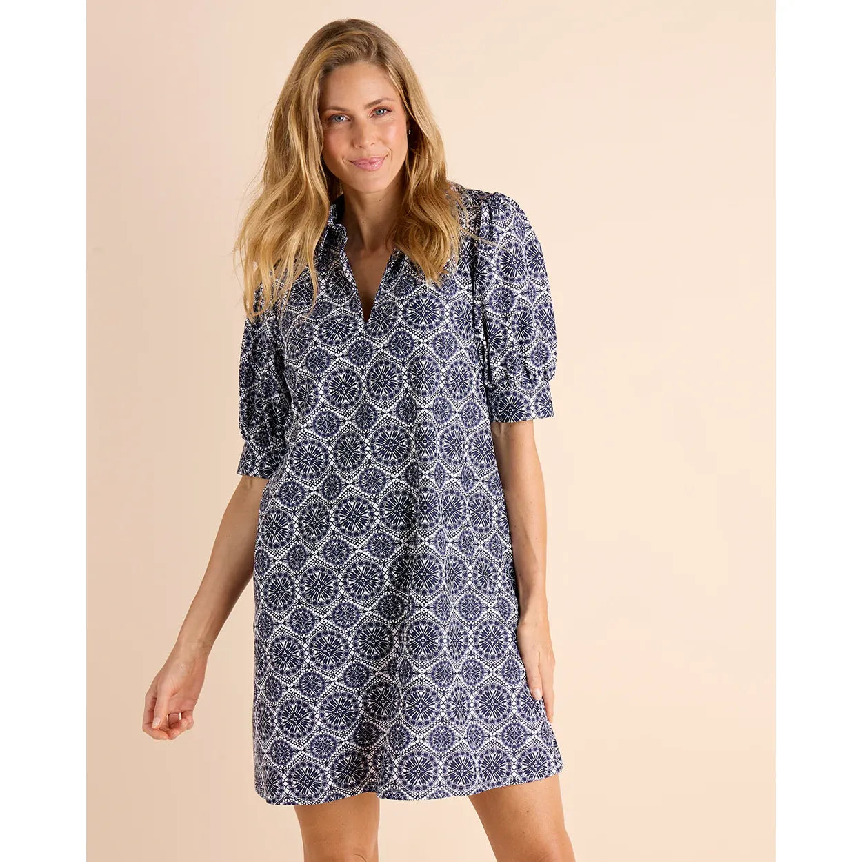 Emerson Dress navy and white medallion tile print mini, ruffle collar, puff sleeves, shift silhouette - Marj & Lizzie