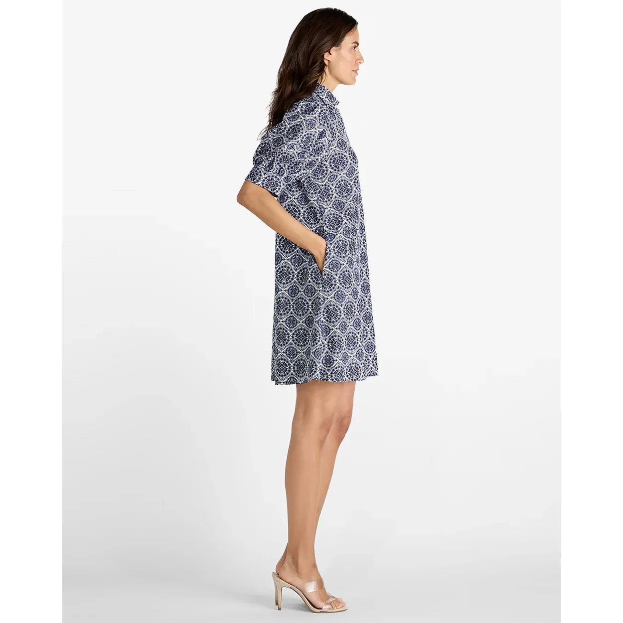 Emerson Dress navy medallion tile print mini side view, puff sleeves, shift silhouette with pockets - Marj & Lizzie