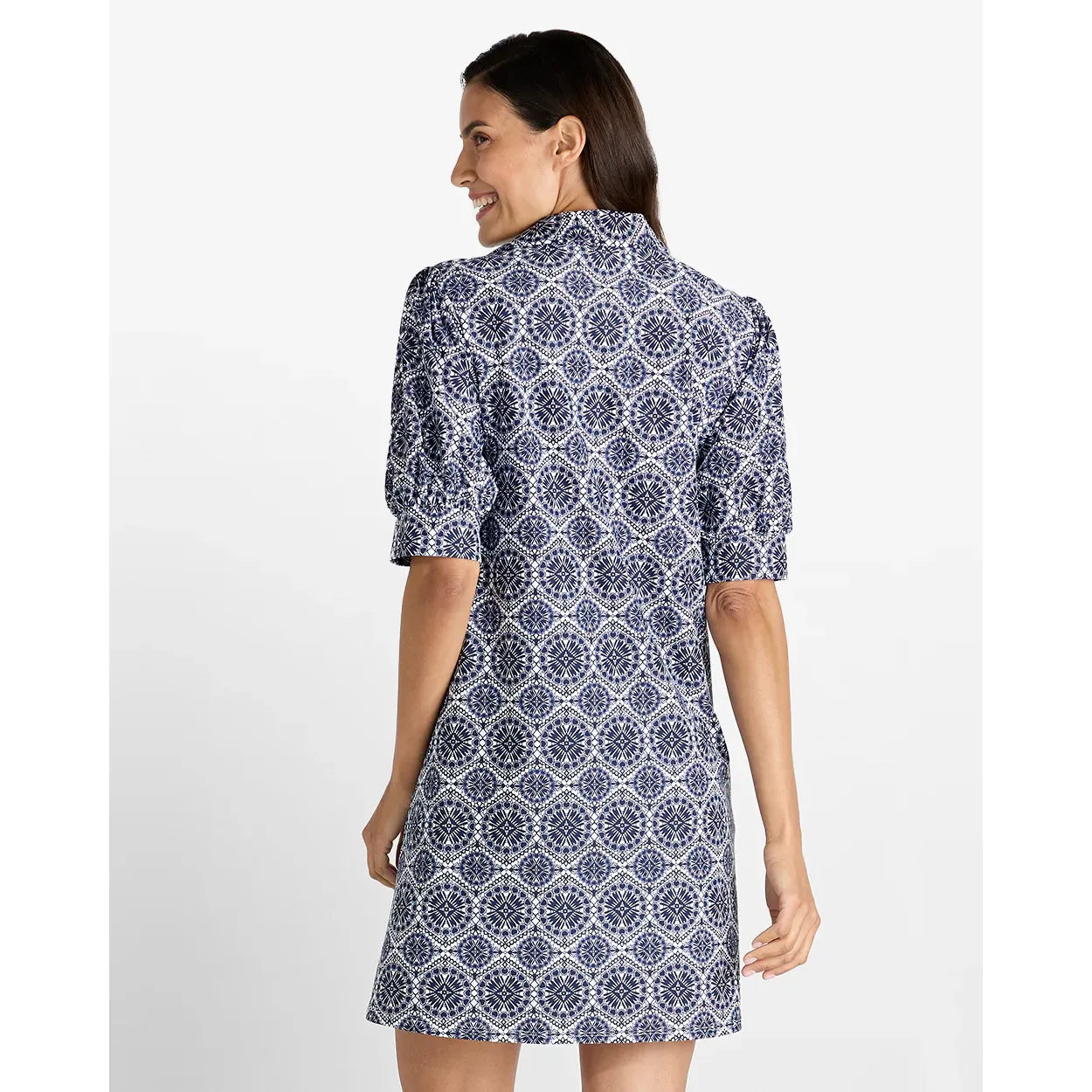 Emerson Dress navy medallion tile print mini back view, puff sleeves, ruffle collar, shift dress - Marj & Lizzie