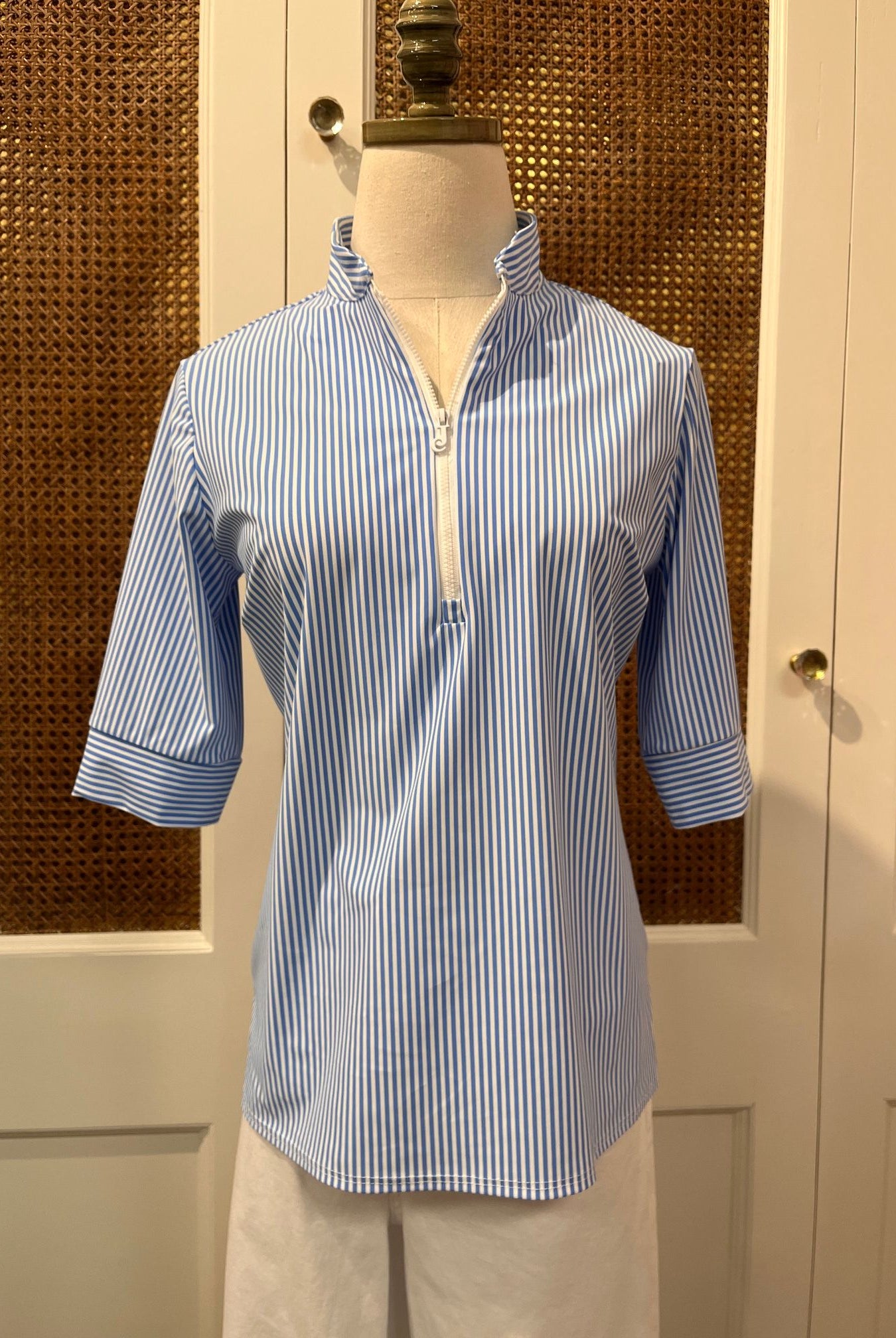 Jude Connally Juliet Top in pinstripe periwinkle, lightweight sleeveless blouse with a fitted silhouette and subtle stripe pattern.