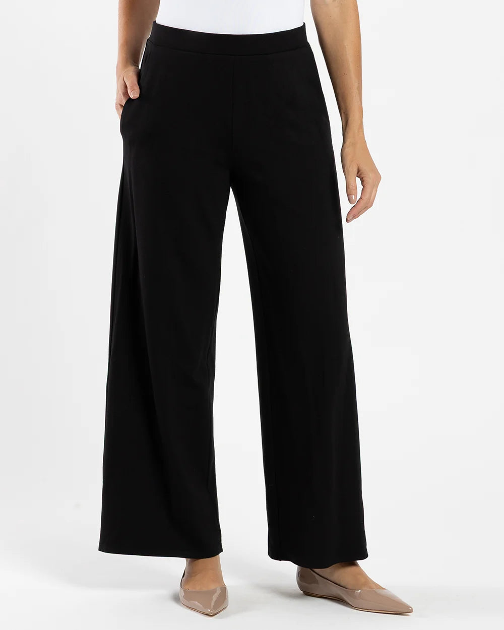 Nicolette Ponte Pant by Jude Connally in black ponte — wide-leg pull-on pant with flat waistband and side pockets, front view