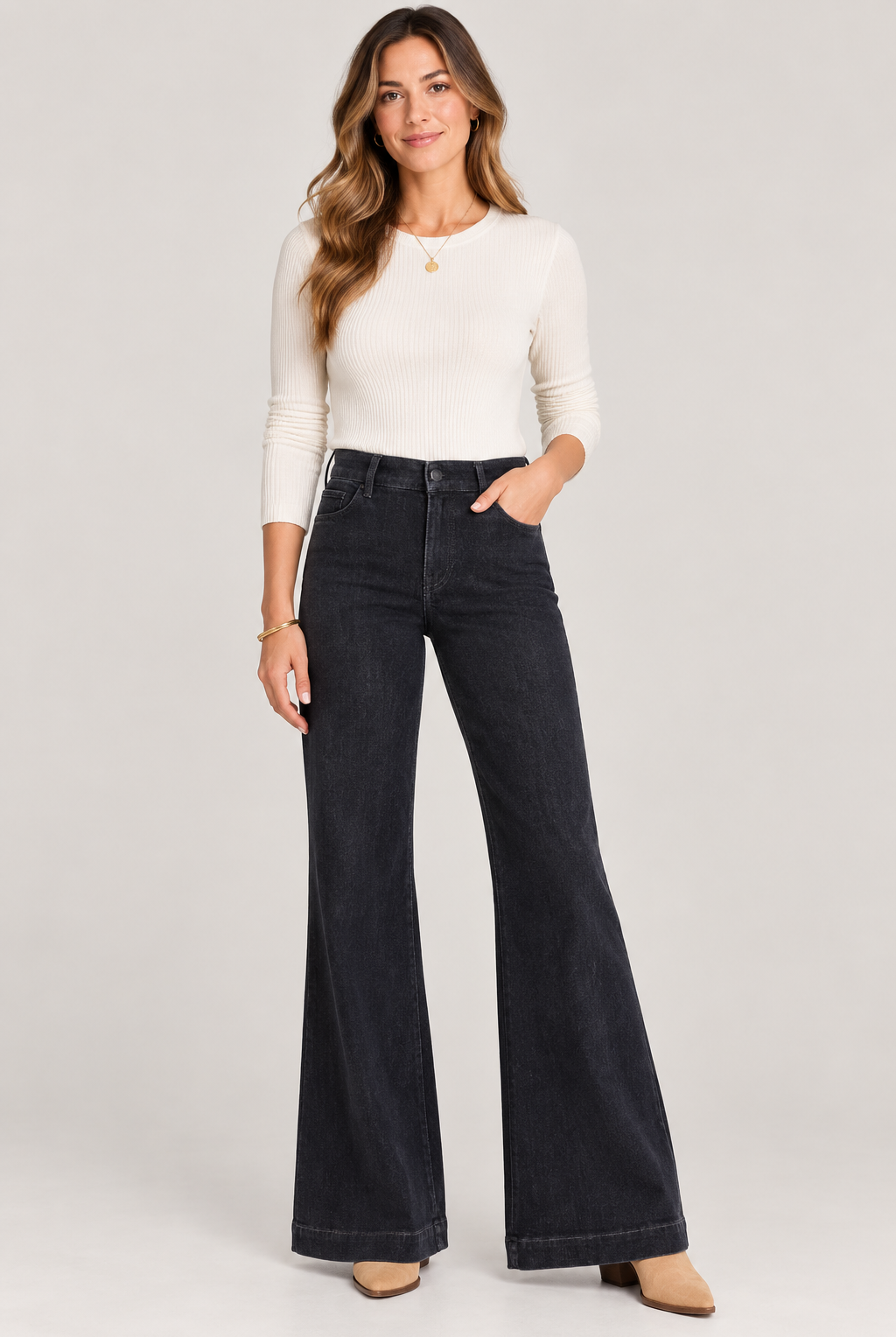 Ana High Rise Trouser Wide Hem by Kut from the Kloth in black, full front view