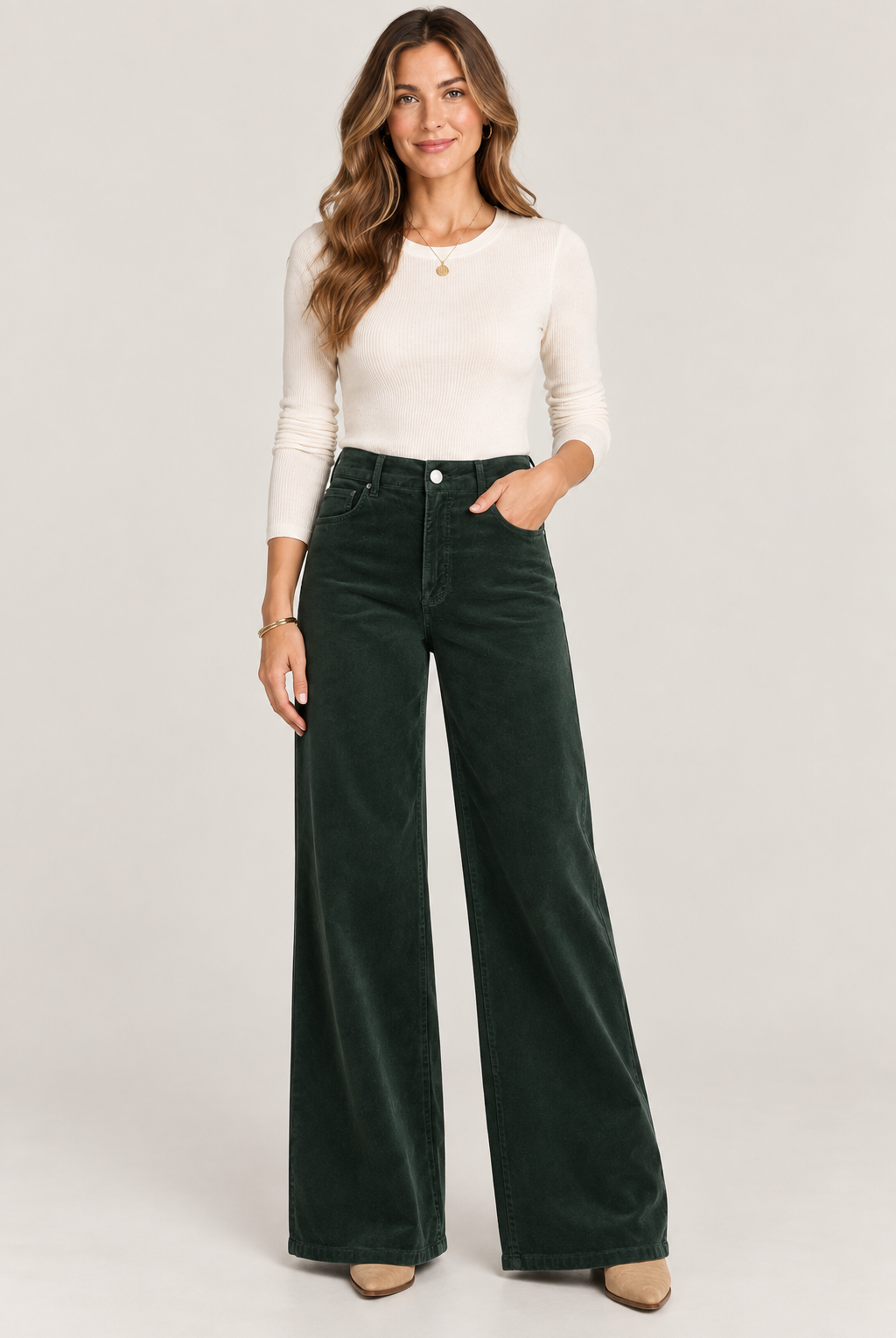 Meg High Rise Fab Ab Wide Leg pants by Kut from the Kloth in evergreen, front view. Style#KG1516MG3L