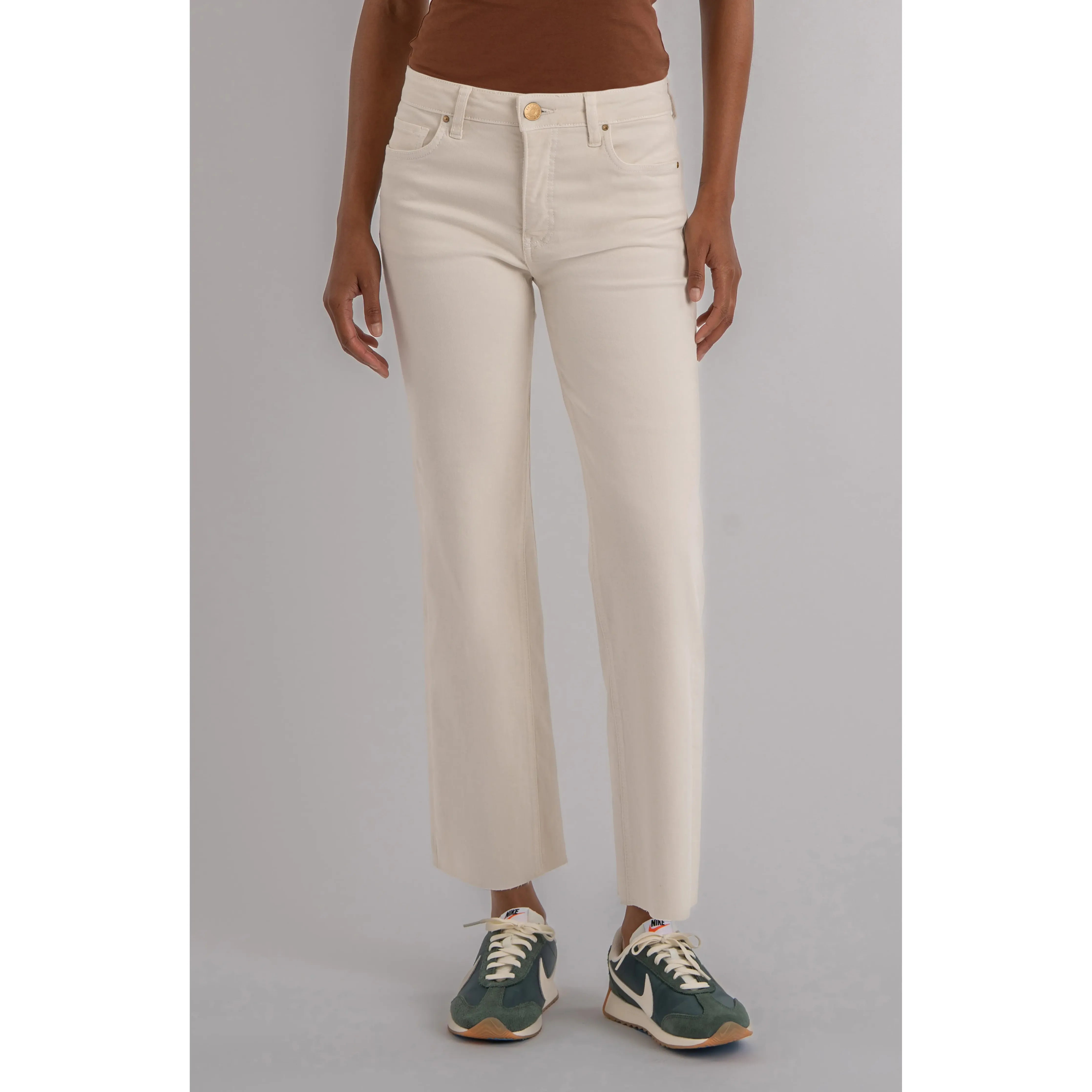 Kelsey Ecru High Rise Ankle Jean front view, straight leg, gold button - Marj & Lizzie