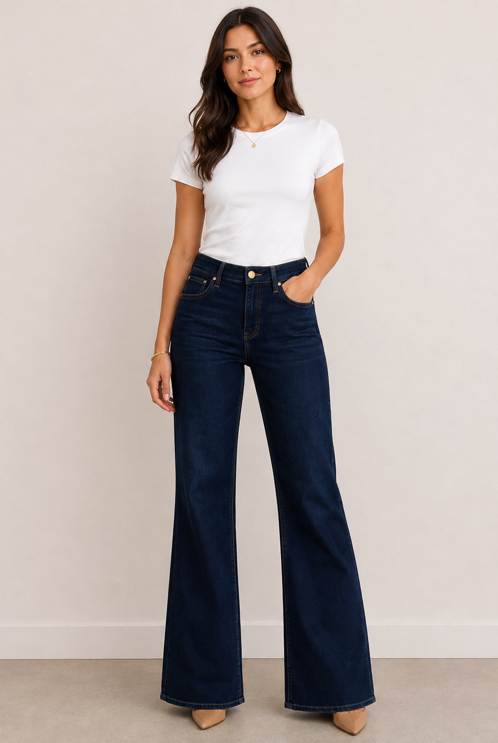Kut from the Kloth Ana Dark Wash high-rise flare jeans, front view, dark indigo denim