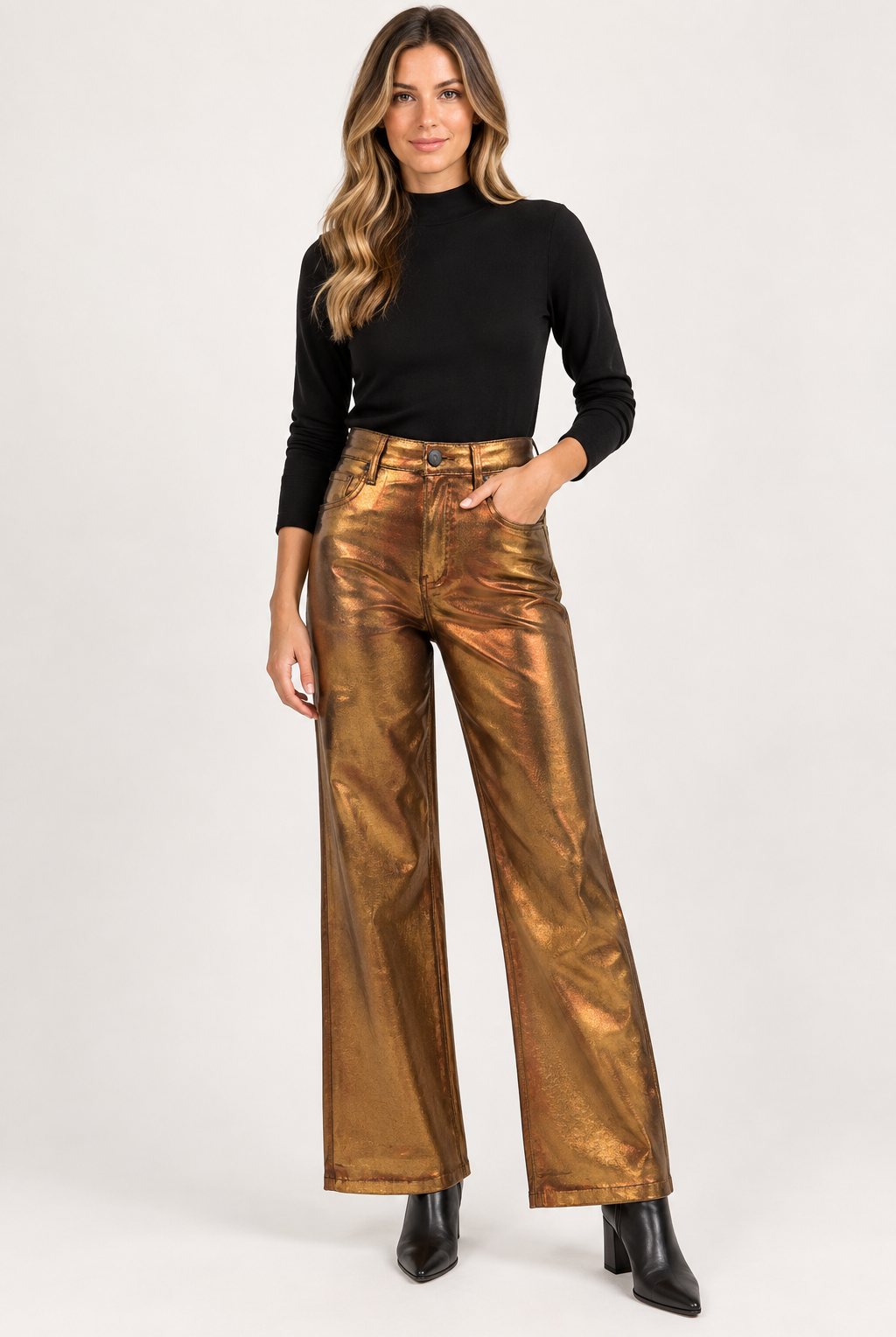 Kelly Ankle Flare Bronze by Kut from the Kloth, front view showing high-rise waist and bronze coated finish