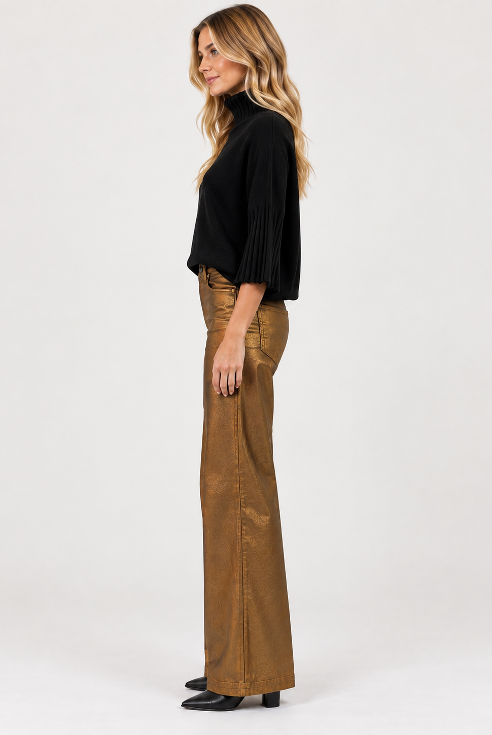 Kelly Ankle Flare Bronze by Kut from the Kloth, front view showing high-rise waist and bronze coated finish
