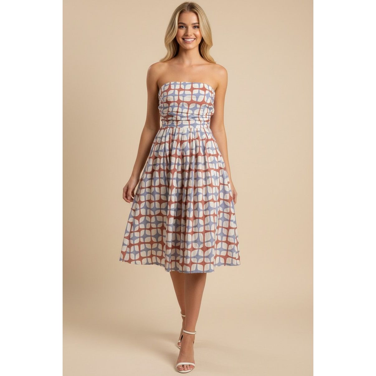 Libby Dress Pinch blue terracotta geometric print strapless midi, ruched bodice, pleated full skirt - Marj & Lizzie
