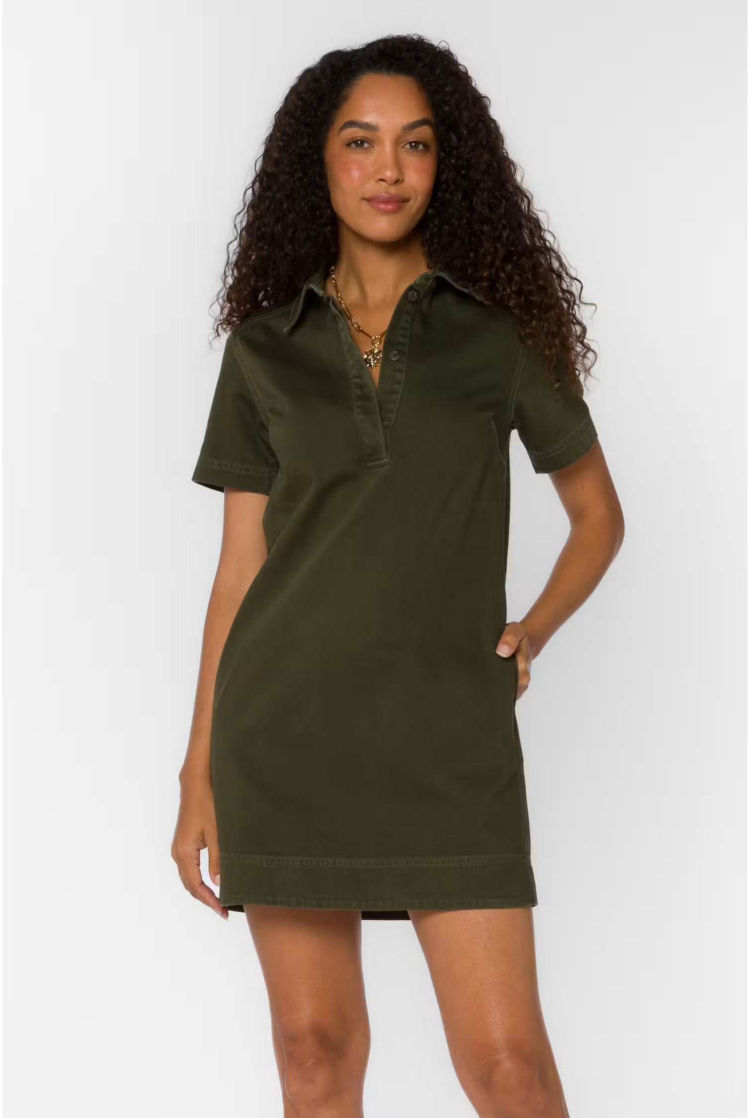 Macayle Dress by Velvet Heart — olive green 100% cotton mini dress with spread collar, short sleeves, and side seam pockets