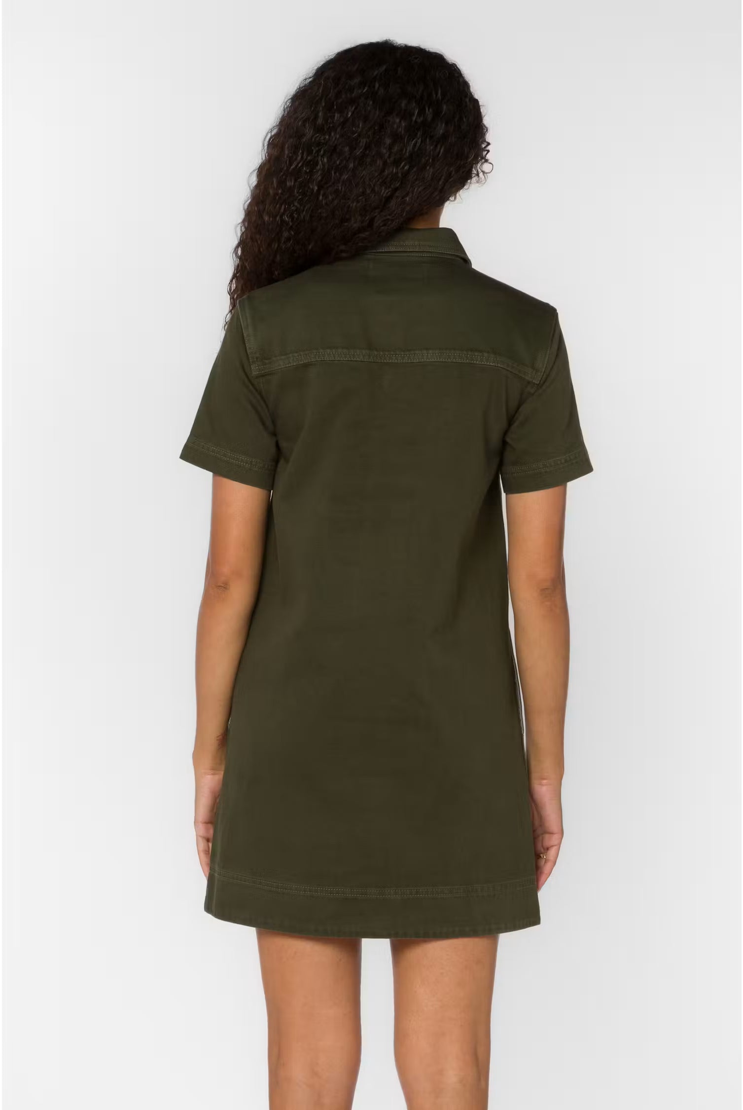 Macayle Dress by Velvet Heart — back view of olive green cotton mini dress with spread collar and short sleeves