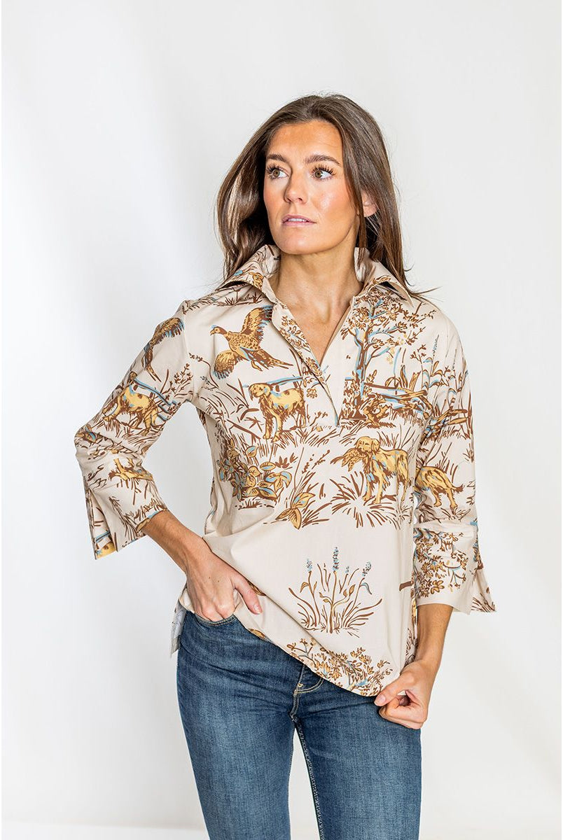 Maple Field and Feather Ruthie Top — hunting toile print, cream and brown, V-neck placket, bell sleeves