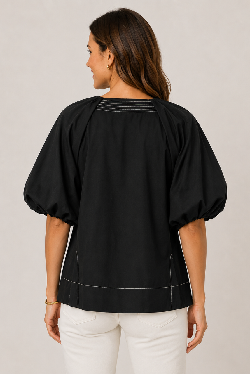 Mia Top by THML - black puff sleeve with front opening style#WCT3955