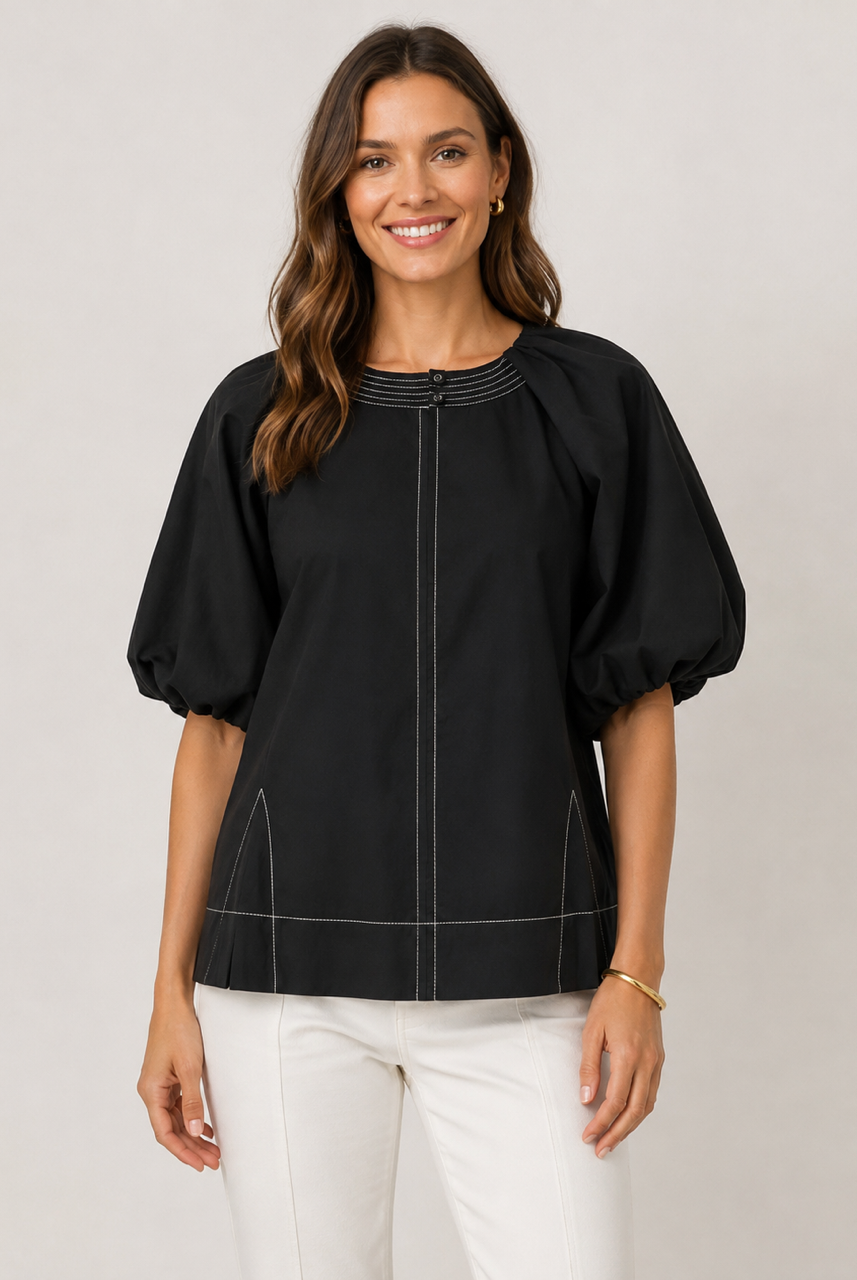 Mia Top by THML - black puff sleeve with front opening style#WCT3955