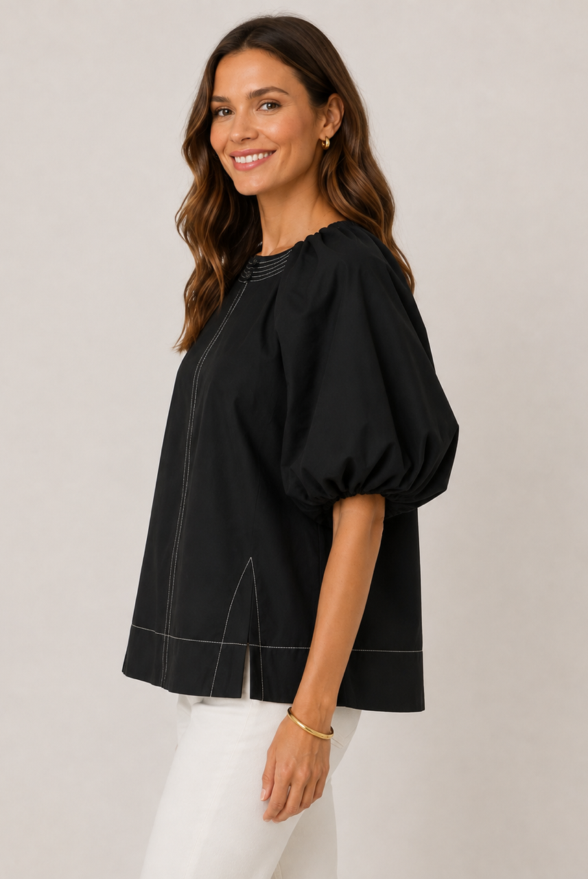 Mia Top by THML - black puff sleeve with front opening style#WCT3955