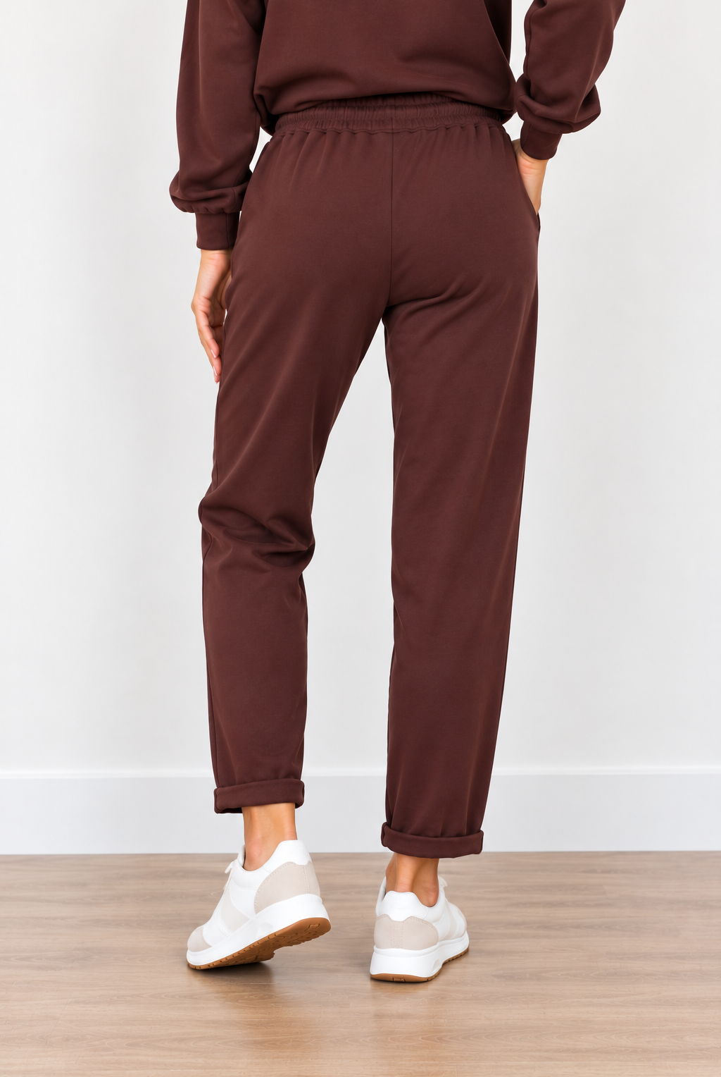 Jackie Pants by Molly Bracken in chocolate brown with drawstring waist, side pockets, and tapered legs, back view