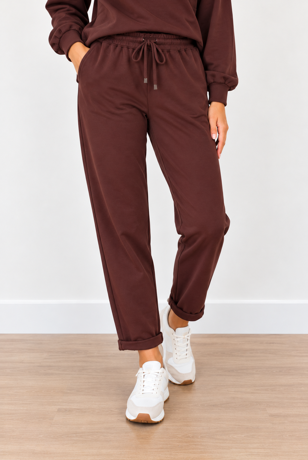 Jackie Pants by Molly Bracken in chocolate brown with drawstring waist, side pockets, and tapered legs, front view