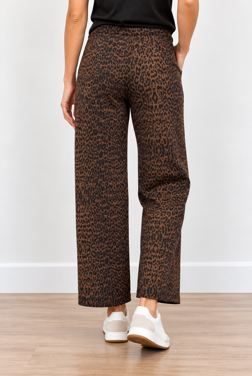 Mona Lisa Pants by Molly Bracken in brown and black leopard print with wide legs and side pockets, back view