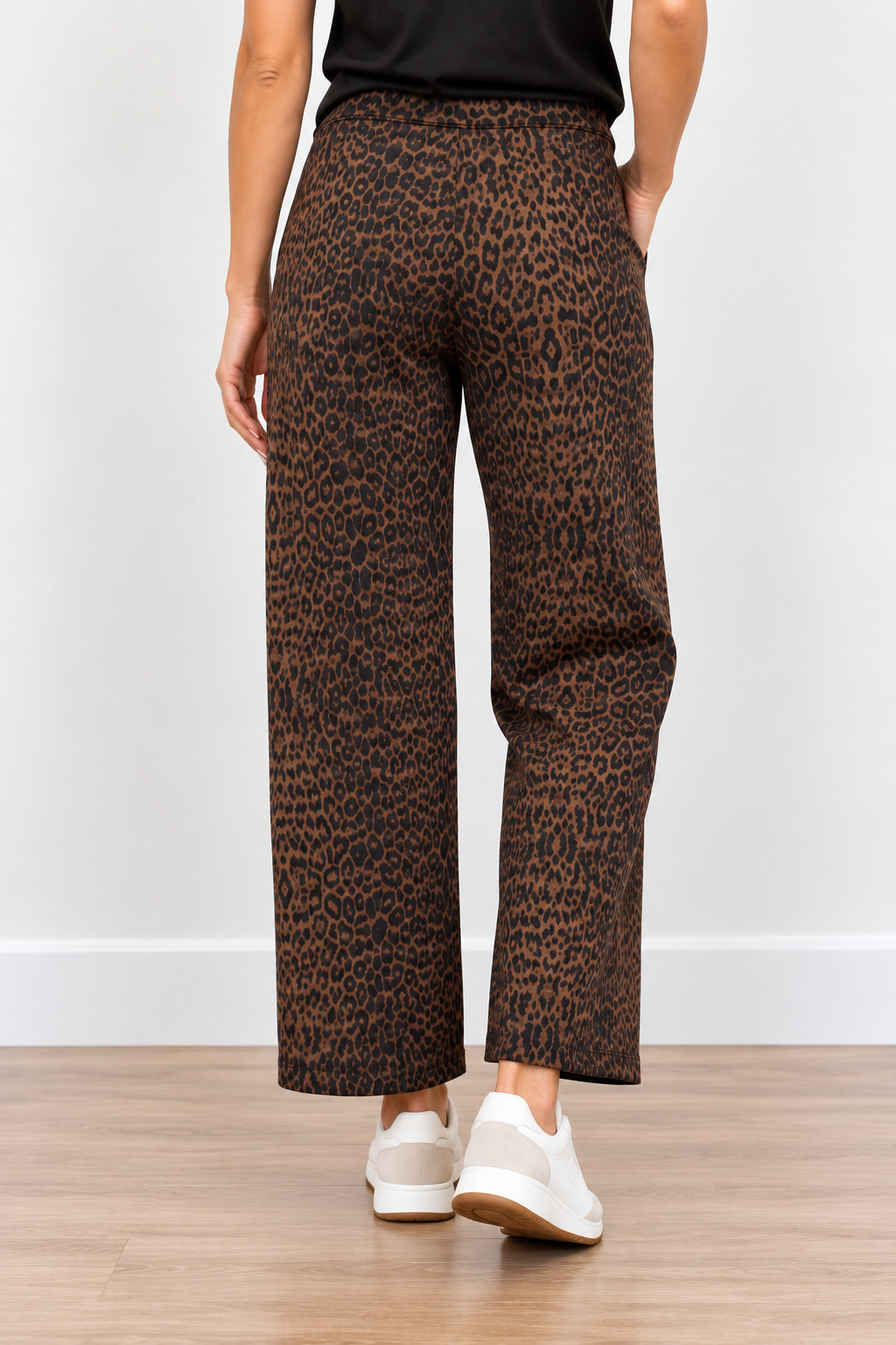 Mona Lisa Pants by Molly Bracken in brown and black leopard print with wide legs and side pockets, back view