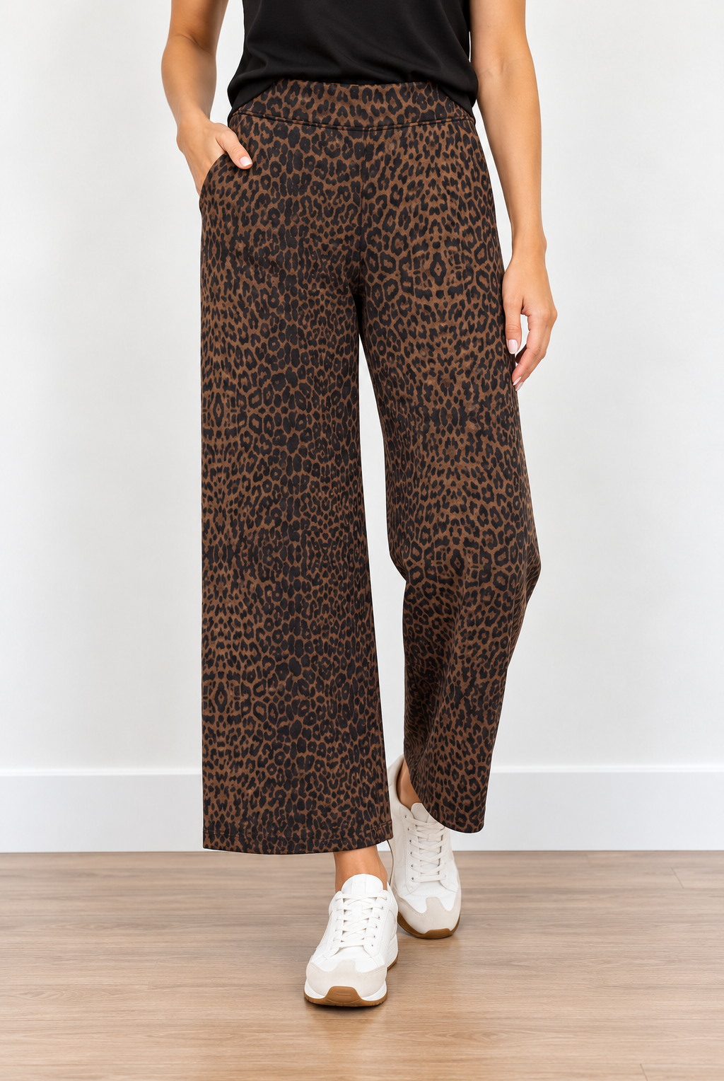 Mona Lisa Pants by Molly Bracken in brown and black leopard print with wide legs and side pockets, front view