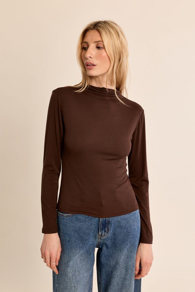 Nancy Top by Molly Bracken in Chocolate Brown, front view, fitted mock turtleneck, long sleeves with subtle shoulder ruching, slim silhouette, fine ribbed texture Style # EF1662EN