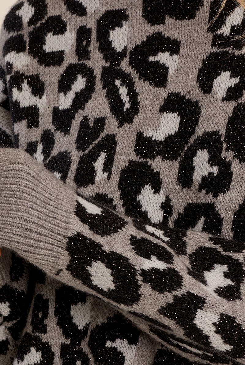 Charlotte Sweater by Molly Bracken, close-up of black leopard spots with metallic sparkle and grey ribbed cuff