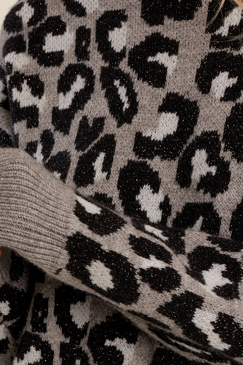 Charlotte Sweater by Molly Bracken, close-up of black leopard spots with metallic sparkle and grey ribbed cuff