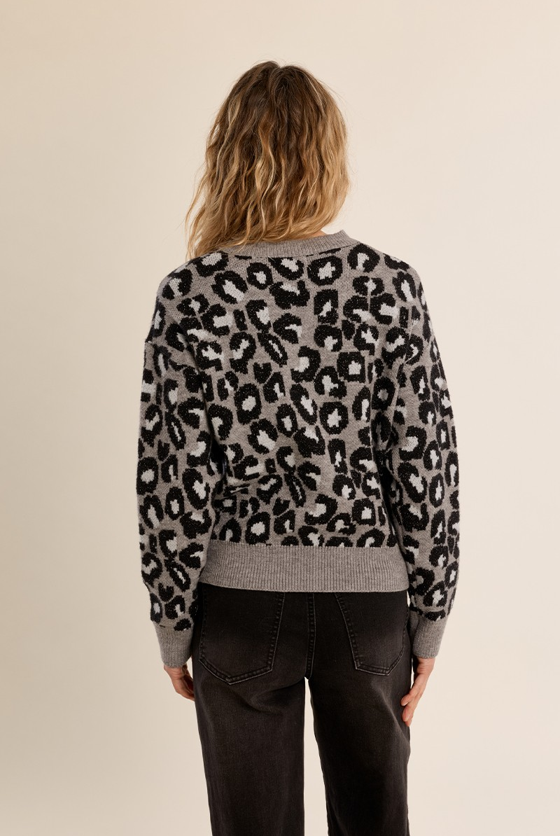 Charlotte Sweater by Molly Bracken in grey leopard print knit with ribbed crew neck, cuffs and hem, back view