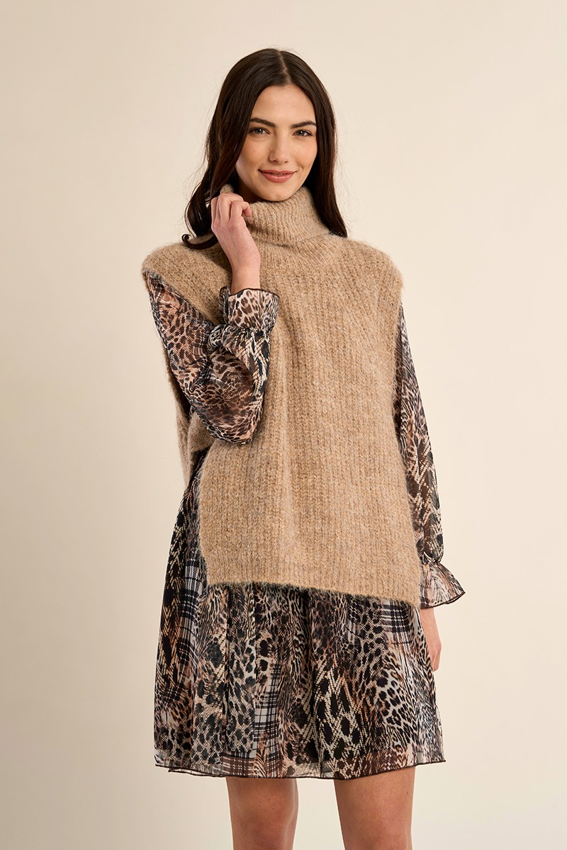 Estelle Sweater by Molly Bracken in camel, sleeveless fuzzy ribbed knit with turtleneck and open banded sides, front view