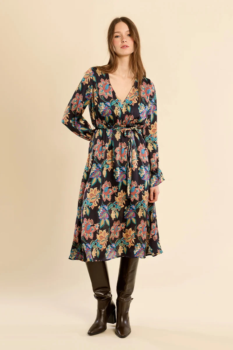 Helene Long Knotted Floral Dress by Molly Bracken, black multicolor floral print, cross V-neck and tie waist, front view