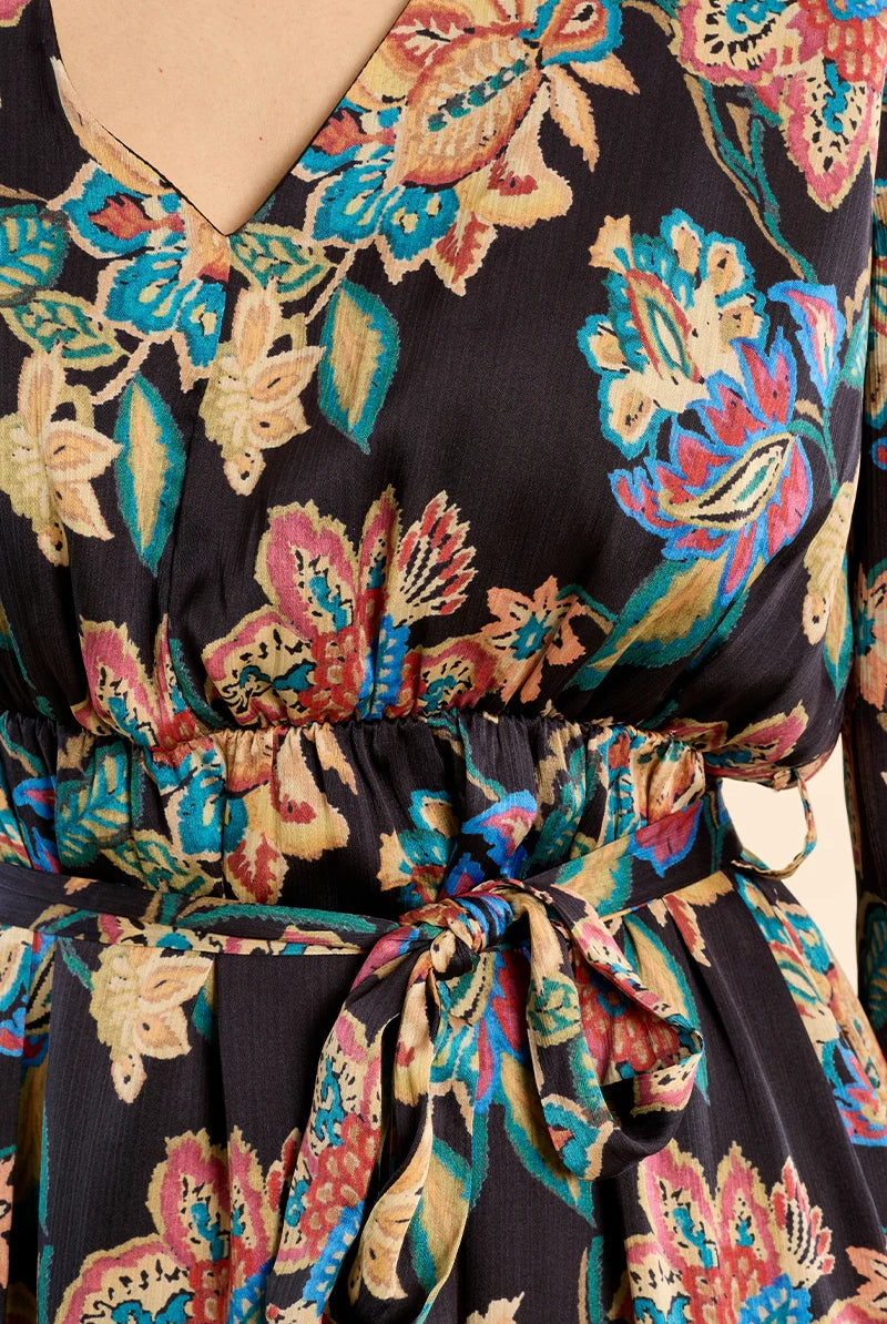 Helene Long Knotted Floral Dress by Molly Bracken, close-up of ruffled elastic cuff and floral print