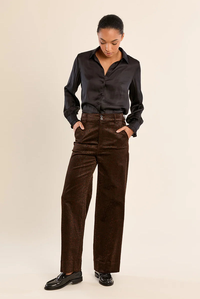 Finley Trousers by Molly Bracken in brown satin animal print, high waist and straight leg, full-length front view