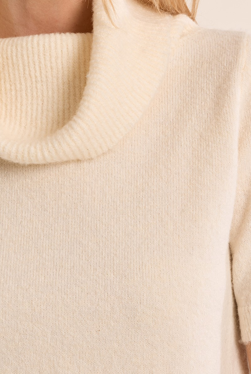 Ivy Sweater by Molly Bracken, close-up of ribbed cowl neck and soft cream knit texture