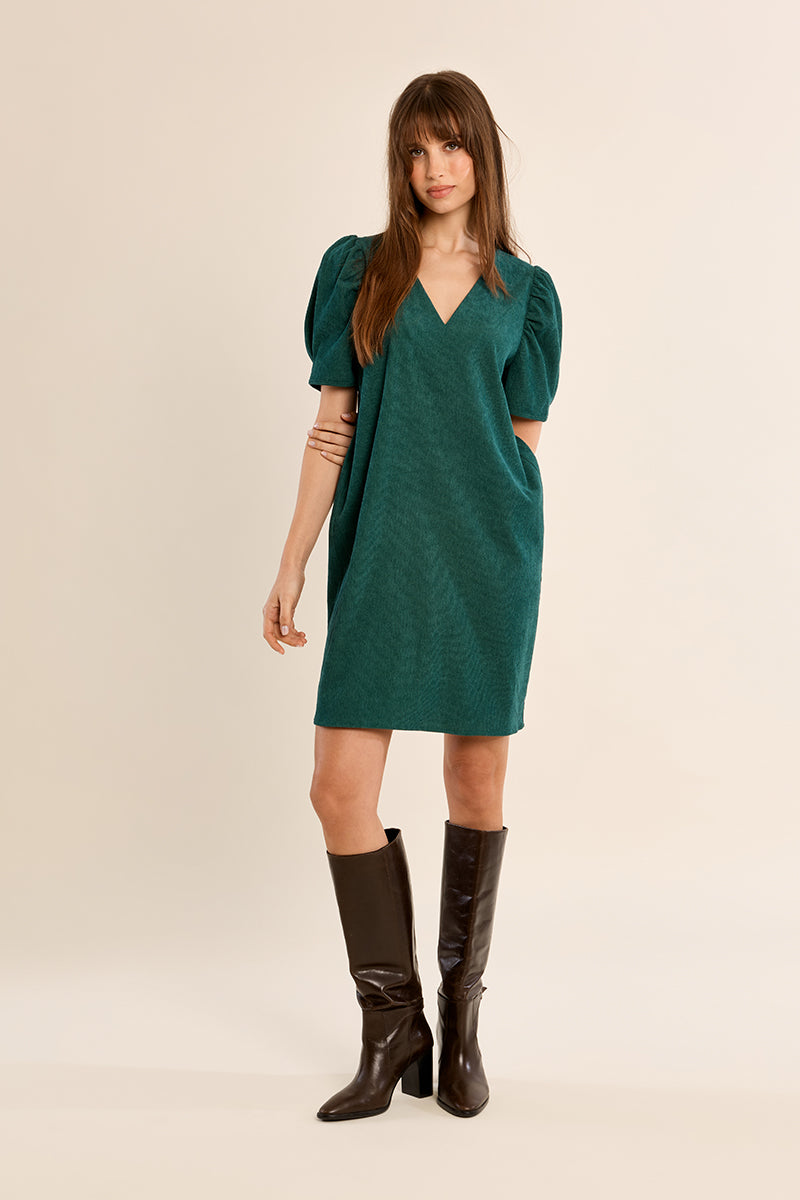 short-sleeve V-neck mini dress in emerald green with puffed short sleeves