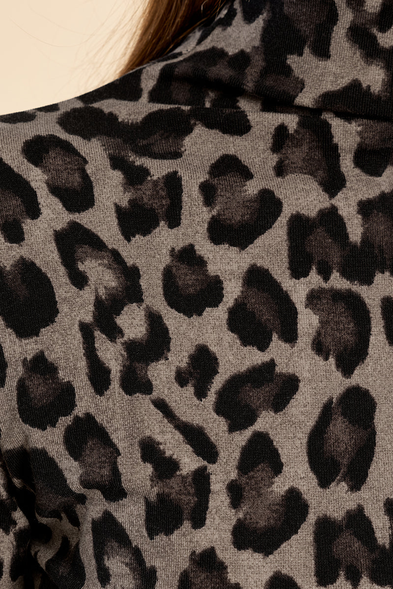 black and gray leopard-print mock neck long-sleeve top