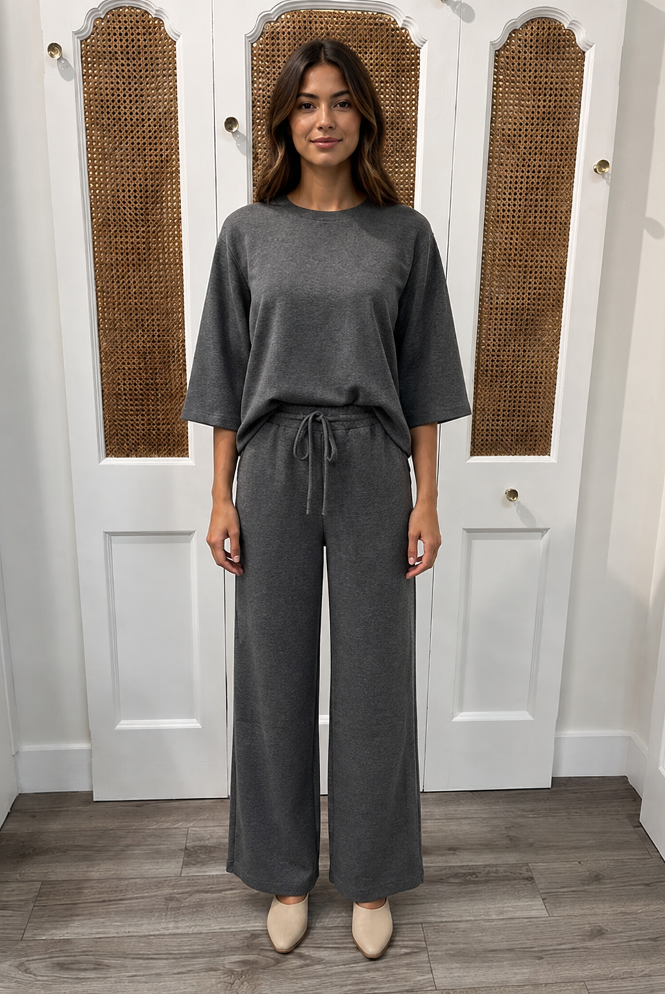 Palmer Pants Charcoal by P.Cill — wide leg Butter Modal pants, front view style#PP50105
