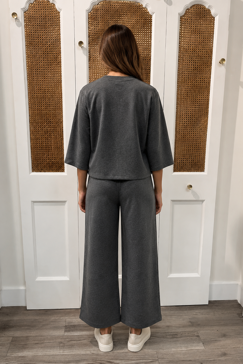 Presley Top Charcoal by P.Cill — 3/4 sleeve Butter Modal round neck top, back view
