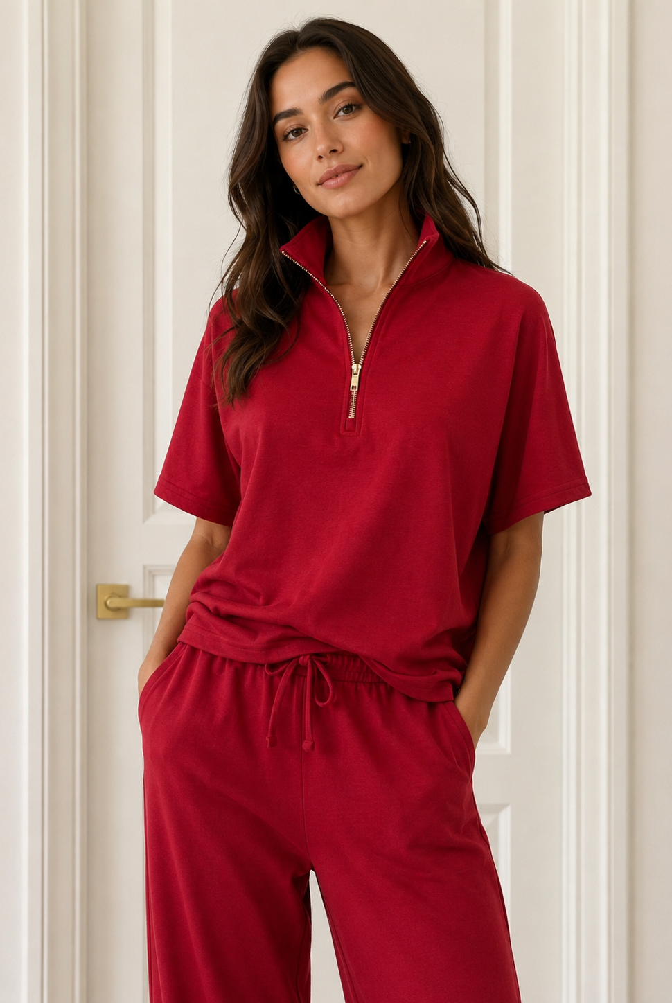 P Cill Peggy Top in cherry red, short-sleeve quarter-zip collared top in Butter Modal blend, front view Style # PT11004